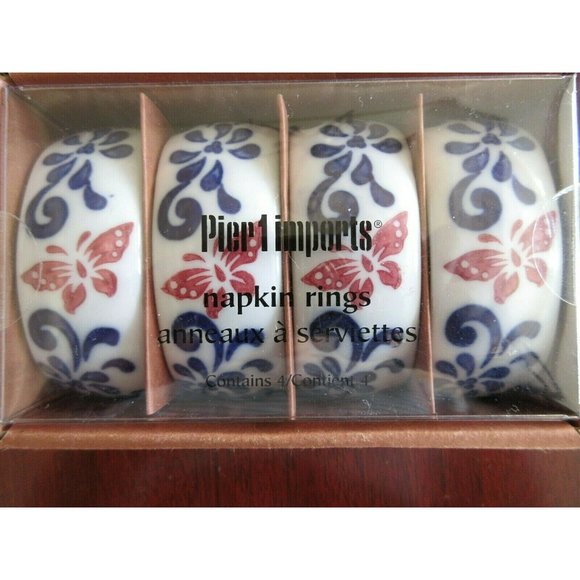 Set Of 4 Pier One 1 Imports Napkin Rings White Blue Butterflies Porcelain New - Picture 1 of 5